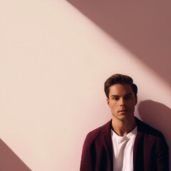 Fototapeta premium Homme élégant en veste sombre sur fond rose avec ombre géométrique en arrière-plan
