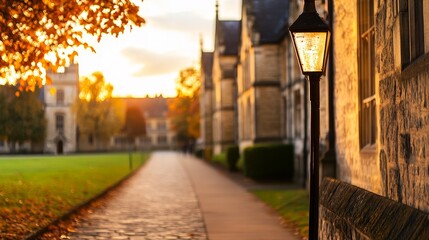 Serene evening stroll along a historic university campus with glowing lanterns and autumn foliage