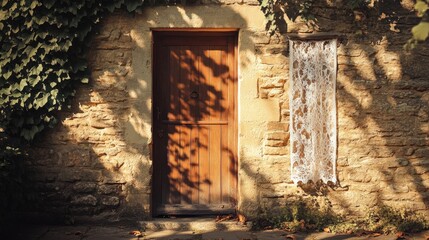 Charming old wooden door surrounded by green vines and soft sunlight glows on a rustic stone wall, inviting and warm ambiance created.