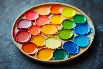 Naklejka premium Colorful watercolor paint palette with bright pigments arranged in a circle