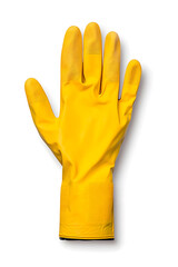 Top view bright yellow rubber cleaning glove isolated on white background