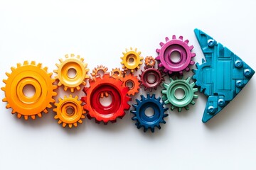Arrow made of colorful interlocking gears symbolizing teamwork and progress