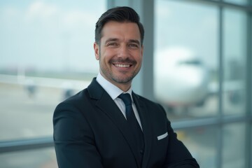Fototapeta premium Head and shoulders Portrait of an elegant stylish Guinea-Bissauan 50 years old male flight attendant in uniform.