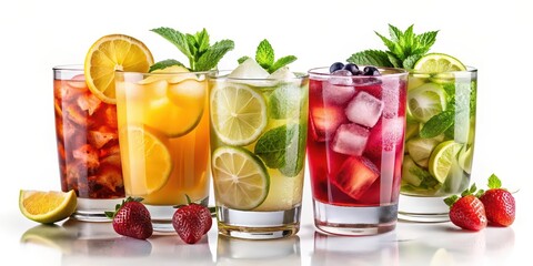 Assorted Refreshing Drinks with Ice and Fruit Garnishes