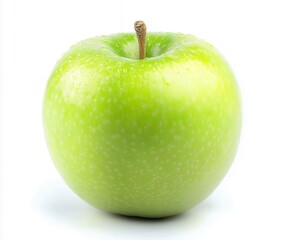 Fresh Green Apple with Golden Stem and Water Droplets on White Background