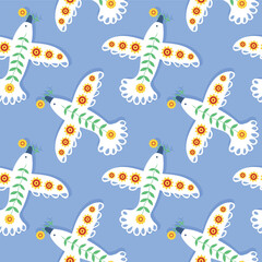 Seamless pattern doves of peace made of delicate flowers. Symbol of harmony, freedom and hope. Bird of peace. Elegant floral composition, isolated. Vector