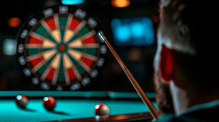 Man Aiming Dart Cue Towards Dartboard With Billiard Balls and Dark Background