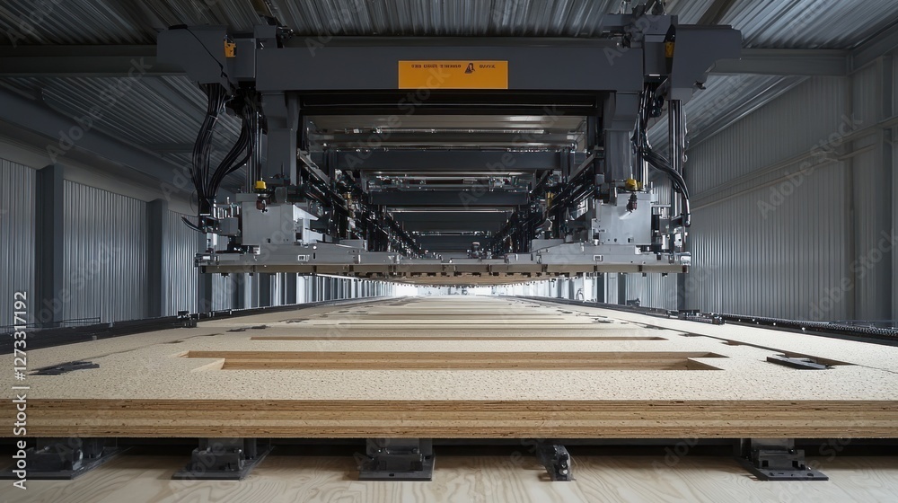 Poster automated machinery processes wooden panels in an industrial factory setting