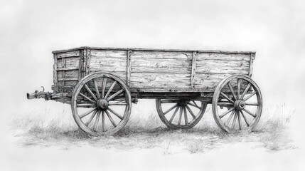 Obraz premium Rustic wooden wagon, field, grayscale, history, farm, illustration, nostalgic, vintage, design
