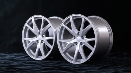 A set of custom-made titanium alloy wheels resting on a black velvet surface, luxurious and detailed