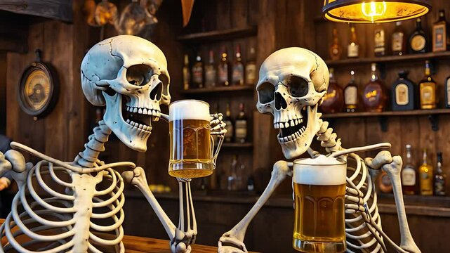Two Skeletons Enjoying Beer in a Rustic Pub with Wooden Interior, Shelves of Bottles, and Warm Ambient Lighting

