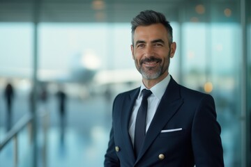 Fototapeta premium Head and shoulders Portrait of an elegant stylish Iranian 50 years old male flight attendant in uniform.