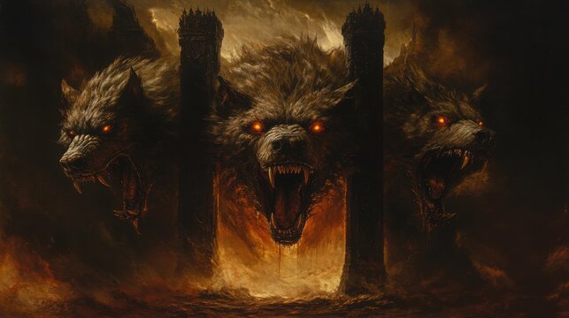 Cerberus guarding the gates of the Underworld, its three heads snarling, fiery eyes glowing, surrounded by a dark and ominous landscape
