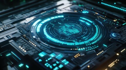 Obraz premium Futuristic holographic interface with glowing blue and green charts, visualizing market growth and data-driven financial strategies