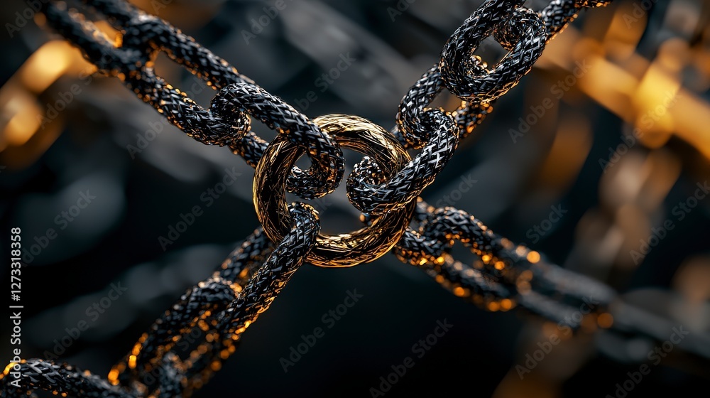 Poster Intricate interlocking chains and shapes abstract art installation dark environment close-up view modern design