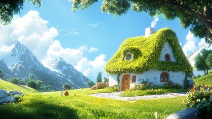 Charming cottage surrounded by majestic mountains vibrant nature scene serene landscape bright daylight