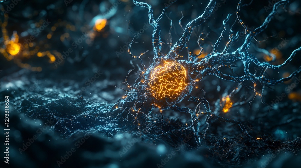 Poster glowing neural connections digital art closeup abstract macro viewpoint neurotechnology concept