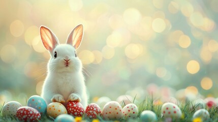 Cute Bunny in Grass Surrounded by Colorful Easter Eggs in Spring Light