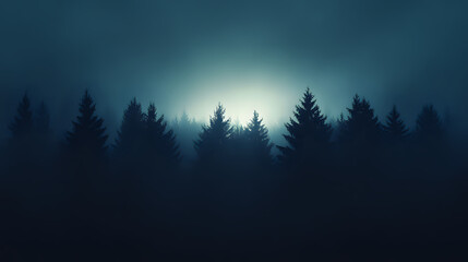 Dark landscape with silhouetted trees illuminated by fading light