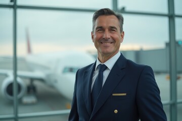 Head and shoulders Portrait of an elegant stylish Italian 50 years old male flight attendant in uniform.