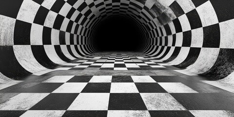 Naklejka premium An intricate black and white checkerboard floor unfurls, with alternating squares casting dramatic shadows, inviting a dance of contrasts beneath your feet