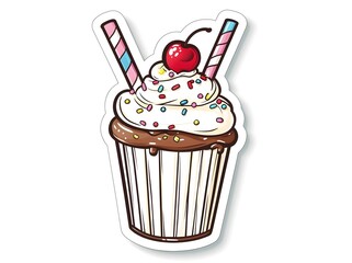 Cute Cartoon Milkshake with Colorful Sprinkles and Striped Straws on a White Background