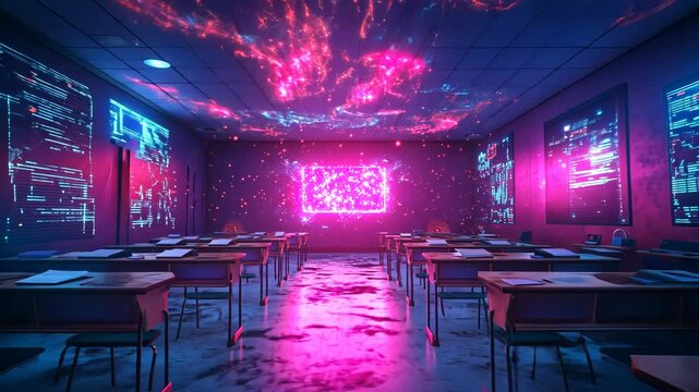 Futuristic Classroom with Neon Pink and Blue Digital Projections An Immersive Learning Environment with Glowing Desks and High Tech Technology for Innovative Education