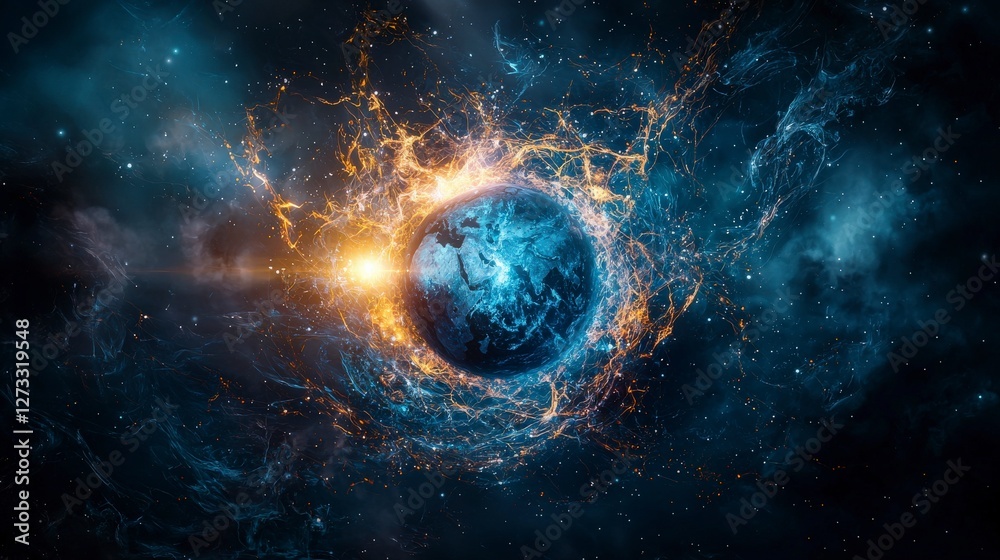 Poster interconnected cosmic planetary representation space digital art universe aerial view cosmic harmony
