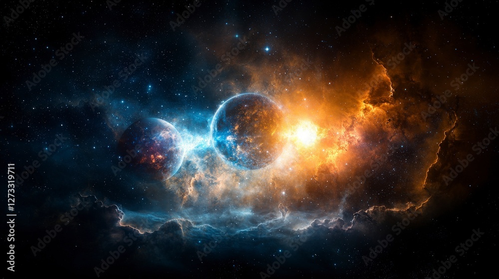 Poster cosmic journey through space celestial bodies digital art vast universe panoramic view mystical expl