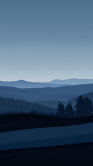 Minimalist dark nature scene with rolling hills at dusk