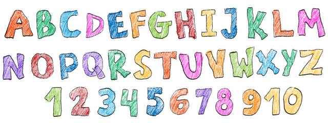 Crayon kids font, doodle funny playful alphabet. Hand drawn scribble kid typescript numbers. School wax crayon abc cute kindergarten handwriting playful letters, digits. Color pencil children font.