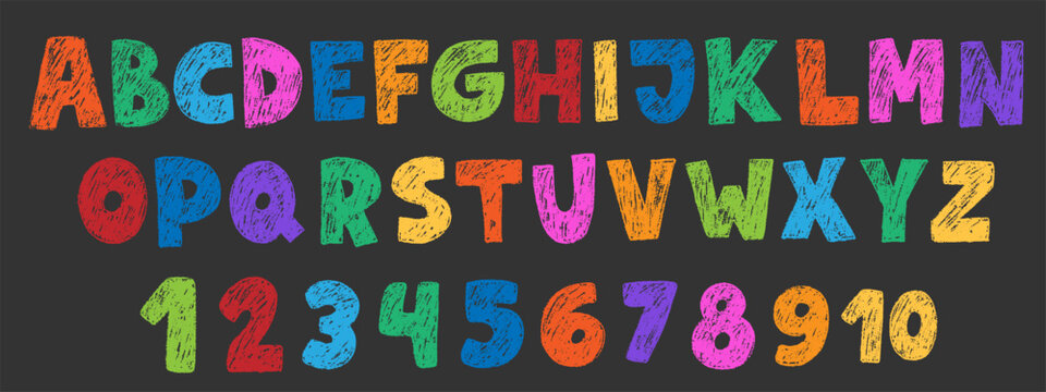 Crayon kids font, doodle funny playful alphabet. Hand drawn scribble kid typescript numbers. School wax crayon abc cute kindergarten handwriting playful letters, digits. Color pencil children font.