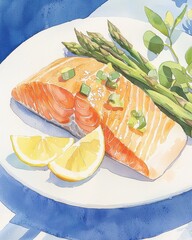 Grilled salmon with asparagus and lemon wedge culinary delight kitchen vibrant plate art