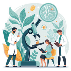 Discover the World of Microbiology: Colorful, Modern Vector Illustration of a Female Scientist at Work with a Microscope
