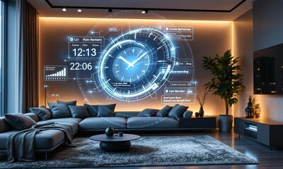 Smart home interface, futuristic living room, digital clock, evening ambiance, modern apartment, technology, home automation - Powered by Adobe