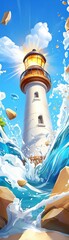 Dramatic ocean waves crashing against lighthouse coastal scene digital art bright daylight vibrant colors marine serenity
