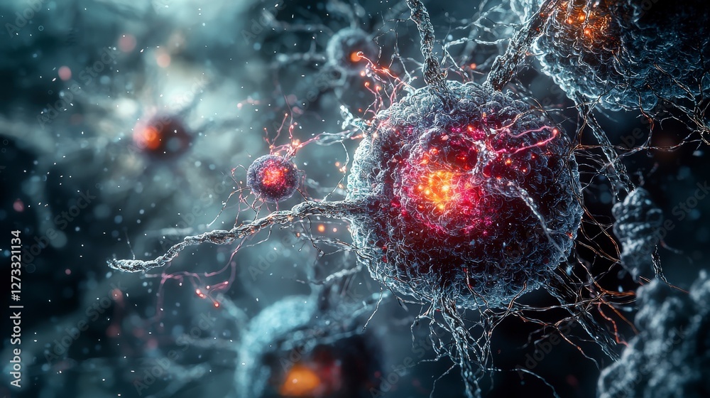 Poster Close-up of cellular networks in science lab detailed microbiology study high-tech environment