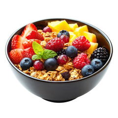 Healthy Breakfast Bowl with Granola and Fresh Fruits in Black Bowl