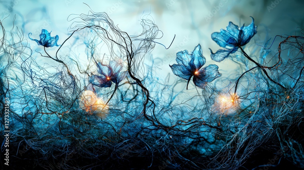 Poster dreamlike mindscape of translucent wires and flowers ethereal environment artistic creation