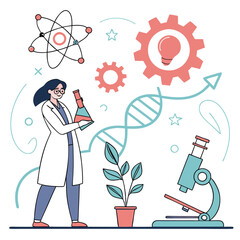 Discover the World of Microbiology: Colorful, Modern Vector Illustration of a Female Scientist at Work with a Microscope
