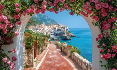 Fototapeta premium A white arch draped in pink roses frames a coastal path and town in southern Italy