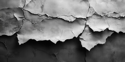 Obraz premium Close-up of a cracked concrete wall in stark black and white; rough, uneven texture highlights deep crevices and dramatic shadows, creating an intense visual contrast