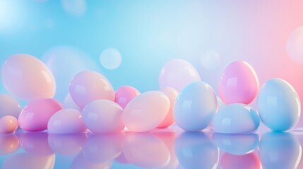 Unusually painted Multiple pastel-colored easter eggs sitting on a wet reflective water surface, creating a dreamy and festive scene with a soft, gradient pink blue purple glowing background