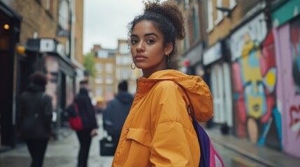 Fototapeta premium Young woman in a bright orange jacket walks in an urban street filled with colorful art and graffiti. She looks back with intrigue.