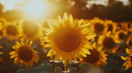 Fototapeta premium sunflower field at golden hour, vibrant yellow flowers, soft warm light, rich blue sky, peaceful countryside, joyful atmosphere, endless rows of sunflowers, bright colors