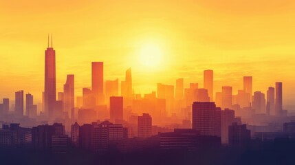 sunrise behind futuristic skyline, silhouettes of iconic buildings, soft golden hues filling sky, tranquil and serene urban transition to day
