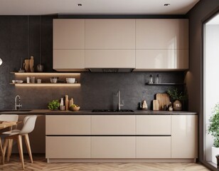 Modern Kitchen interior with empty blank wall for mockup template display. 3D Rendering
