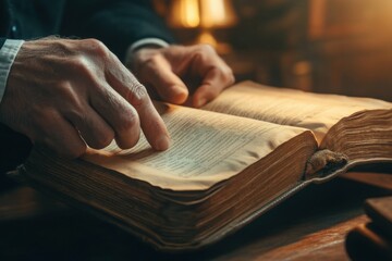 close-up of historian's hands turning pages of antique book, warm lighting in historical study room