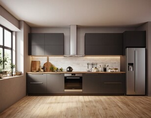 Modern Kitchen interior with empty blank wall for mockup template display. 3D Rendering