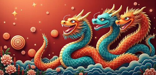 Vibrant illustration of three dragons against a rich background, embodying strength and power. Ideal for themes of prosperity, culture, and mythology.